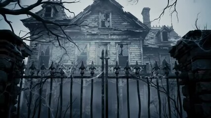 Creepy abandoned mansion behind wrought iron gate. Halloween haunted property concept.  
 - Powered by Adobe