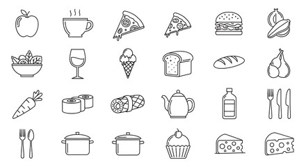 Food and Drink Icon Set Delicious Line Art Graphics for Menus, Websites, and Apps