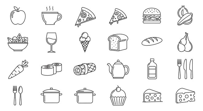 Food and Drink Icon Set Delicious Line Art Graphics for Menus, Websites, and Apps