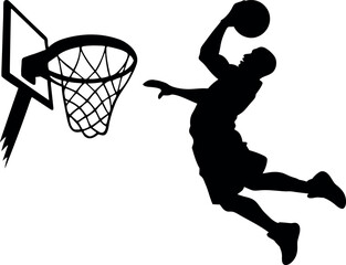 silhouette of a male basketball player mid-air performing a slam dunk into the hoop, highlighting strength, movement, and sports energy in a dynamic action pose