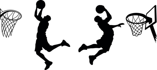  silhouettes of two basketball players in mid-air during slam dunk moments, each with a basketball and hoop, capturing competition, movement, and dynamic action in sports © craft_art