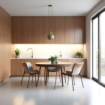 A modern kitchen featuring a round wooden table with chairs and sleek wooden cabinets design style