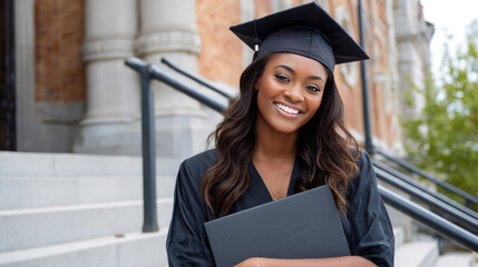 A proud graduate posing alone on the steps of their college building, diploma in hand, sunlight shining