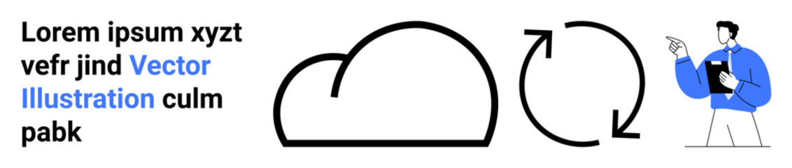 Cloud outline paired with sync arrows, accompanied by a businessman pointing at the graphic. Ideal for technology, cloud computing, data sync, IT services, software, teamwork, simple landing page