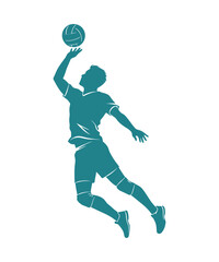 A teal-colored silhouette of a male volleyball player leaping high to spike the ball.