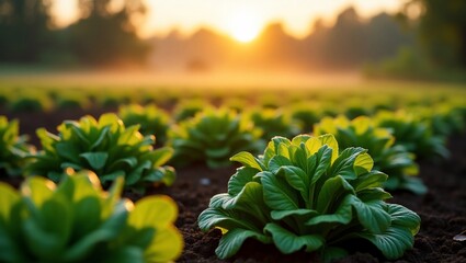 Sunrise over lush lettuce field.