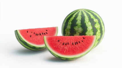 Round striped watermelon and watermelon slices isolated on white background. File contains clipping path. High quality photo