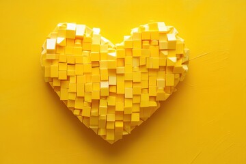 Colorful yellow heart made of plastic building blocks arranged on a bright yellow background creating a cheerful and vibrant visual effect in a creative display