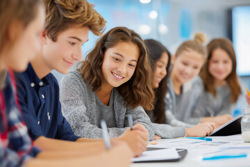 Group of diverse teenagers collaborating around a tablet, engaged in creative activities, with notebooks and colorful stationery on the table, showcasing teamwork and innovation