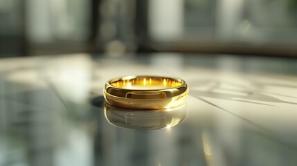 radiant gold ring delicately positioned on a pristine glass table, with soft golden reflections illuminating its contours