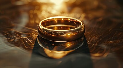 radiant gold ring delicately positioned on a pristine glass table, with soft golden reflections illuminating its contours