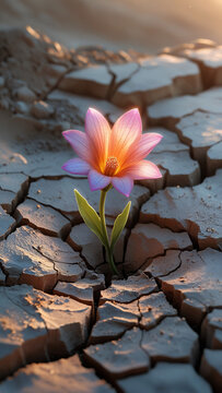 A delicate, vibrant flower emerges from the cracked earth, its petals tenderly illuminated by the soft, warm light of dawn