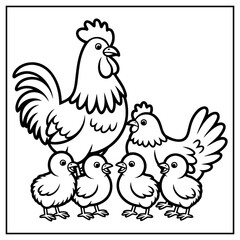 Fototapeta premium Black and white chicken family. Vector illustration. Coloring page.