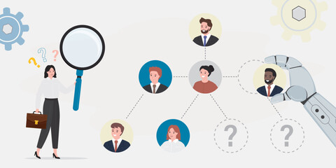 Team building, concept. AI robot helping hr agent hiring new staff. Female boss searching employees and arranges employees in hierarchy of company.