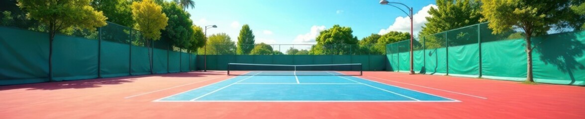 Sun-drenched empty tennis court, vibrant blue sky , court, asphalt, photo