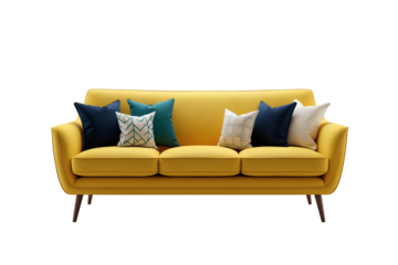 Mustard Yellow Mid-Century Modern Sofa with Teal and White Pillows