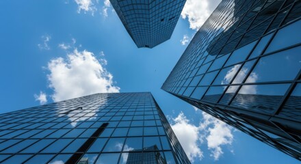 Low perspective of modern glass building reflecting sky and clouds.