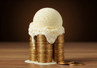 Ice cream scoop melting over stacks of coins on wooden table  