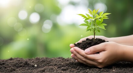 Hands cradle a young plant, a symbol of growth and new life protected by nature's care in the soil