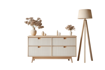 Mid-Century Modern Wooden Chest of Drawers with Tripod Floor Lamp and Dried Flowers