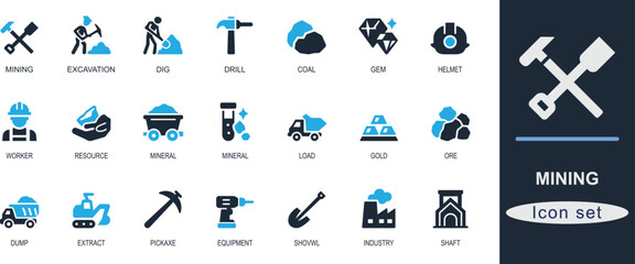Flat black mining icon set featuring excavation, drill, pickaxe, helmet, ore, gem, coal, dump, and resource. Ideal for industry, crypto, and UI design.