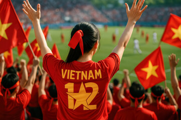 Vietnam Fan Raising Arms in Stadium Celebration

