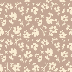 All over vector seamless repeat pattern with ditsy tossed cream flowers on light soft tan mocha mousse background. Simple and versatile retro cottage everyday ditsy floral backdrop. Shabby chic floral