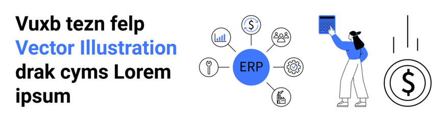ERP system at center connecting icons for finance, tools, and communication a woman with a folder near a money symbol. Ideal for business, automation, finance, software tools, planning, workflow