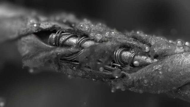 Precision laser ablation revealing clean, smooth superconducting cable joint surfaces with water droplets clinging to exposed metal in detailed scientific exploration