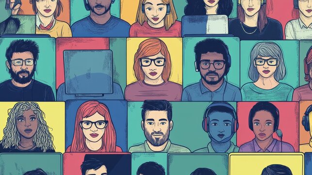Linear vector illustration set of isolated people with computers at workplace virtual video conference call and meeting. Diverse men and women with laptops at remote work online business communicatio - Powered by Adobe