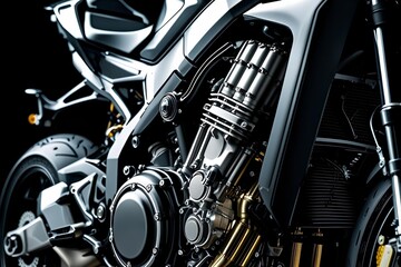 Close-up of superbike engine, exposed mechanical details, chrome and matte textures, glowing accents, black background.