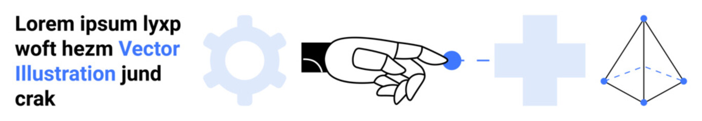 Human hand interacting with a virtual screen featuring gear, plus sign, sphere, and pyramid. Ideal for technology, innovation, creativity, interaction, data automation simple landing page