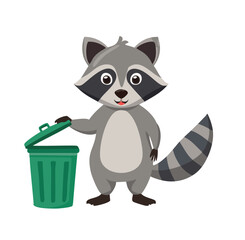 Adorable raccoon opening green trash can cartoon illustration