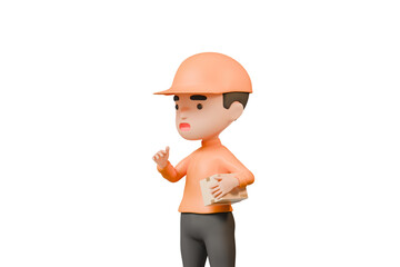 3d Delivery courier man in orange uniform holding cardboard box icon. Safe delivery of goods concept. People minimal character illustration. Cartoon minimal style. Online delivery concept. 3d render.