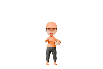 3d Delivery courier man in orange uniform holding cardboard box icon. Safe delivery of goods concept. People minimal character illustration. Cartoon minimal style. Online delivery concept. 3d render.