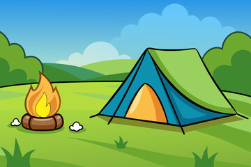 A cartoon illustration of a tent and a campfire in a field