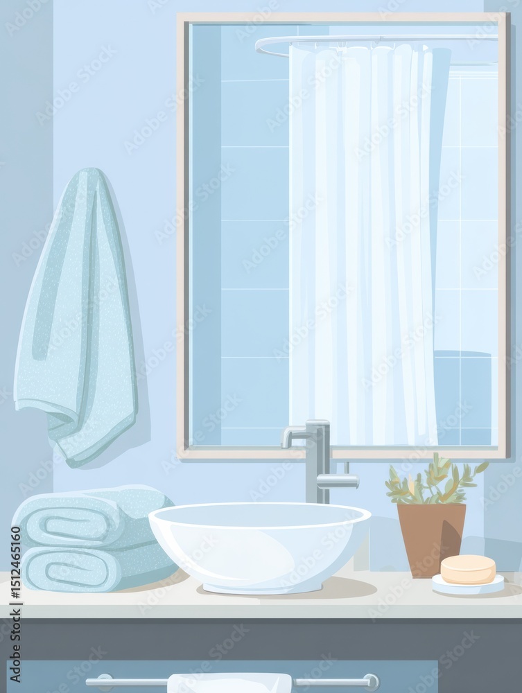 Poster Bright and Clean Bathroom Featuring Towels, Soap, and a Mirror Reflection With a Soft Upper Third Design