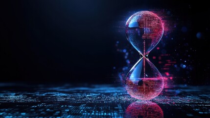 AI for time efficiency concept futuristic hourglass with binary code on black background with copy space. Time management solution
