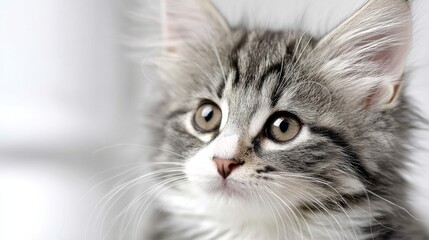 Obraz premium Close-Up Portrait of a Gray Tabby Kitten Soft Focus, Fluffy Fur, Cute Expression, Pet Photography kitten, cat portrait