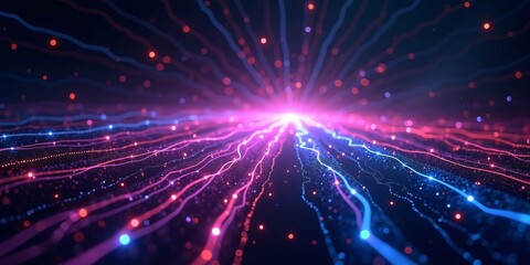 Naklejka premium a 3D digital tunnel with light trails and floating alphanumeric data 