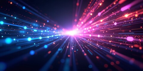 Fototapeta premium a 3D digital tunnel with light trails and floating alphanumeric data 