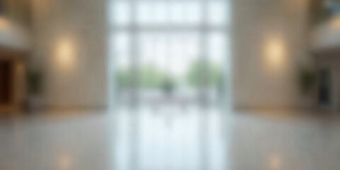 Fototapeta premium Cool Blurred hotel or office building lobby blur background interior view toward reception hall modern luxury white room space with blurry corridor and building glass wall window : Generative AI