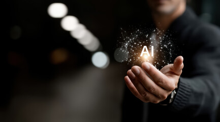 Human hand holds a glowing AI magic ball, bokeh background. Concept of artificial intelligence, metaverse, cyberspace, futuristic digital technology. 