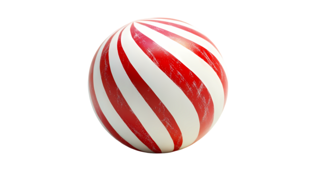 A close up view of a round ball with red and white stripes  in soft lighting isolated on transparent background