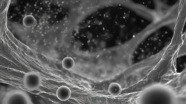 Nanoparticles interacting with a titanium lung scaffold, demonstrating microscale features that enhance cell adhesion and growth, essential for successful xenotransplantation procedures