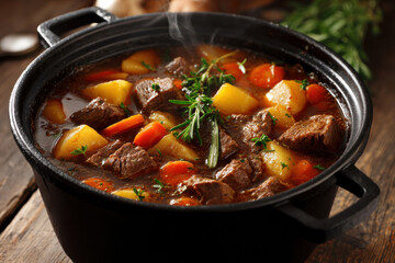 Hearty beef stew simmering, looking warm and inviting in cast iron pot