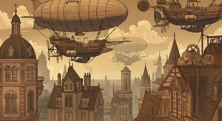 Steampunk airships over a European city