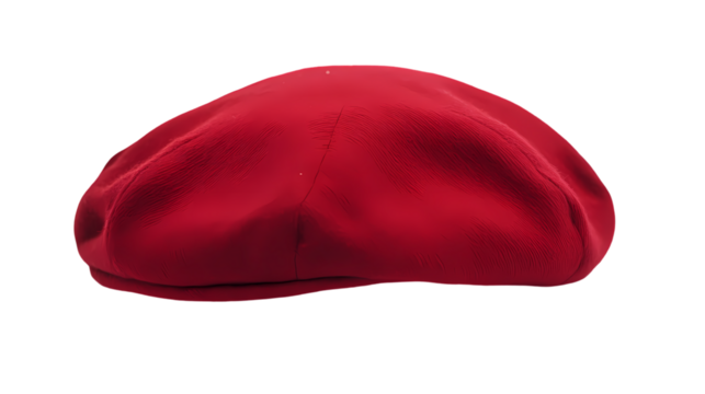 A vibrant red beret sits  a stark black backdrop showcasing its texture and simple design style isolated on transparent background