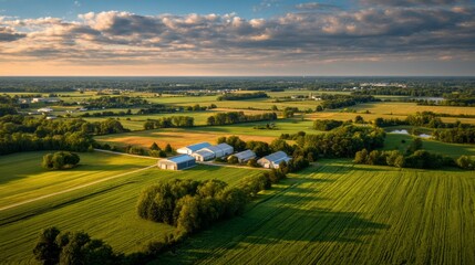 Fototapeta premium Dramatic clouds hover over an extensive modern farm with blue-roofed barns surrounded by lush fields and trees, illustrating agricultural life in a rural area during golden hour