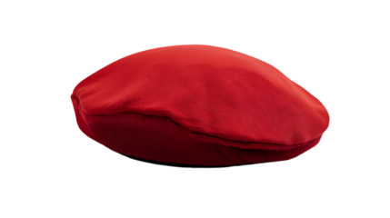 A close up shot of a red beret style hat isolated  a solid  in  isolated on transparent background